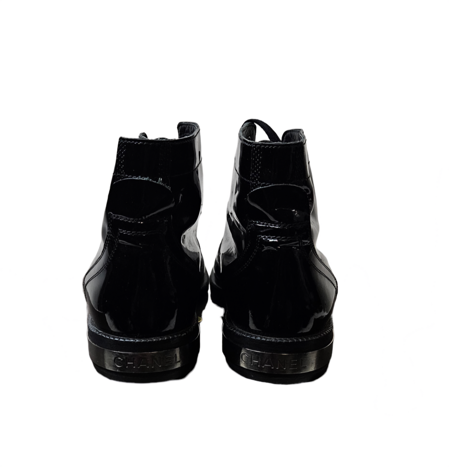 Chanel Black Patent Leather Ankle Boots with Metal Detail