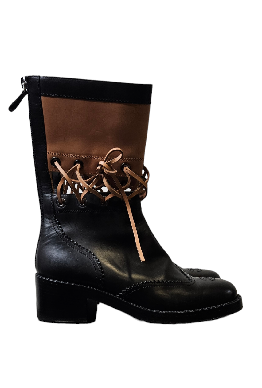 Chanel Two Tone Leather Boots with Lace Up Detail