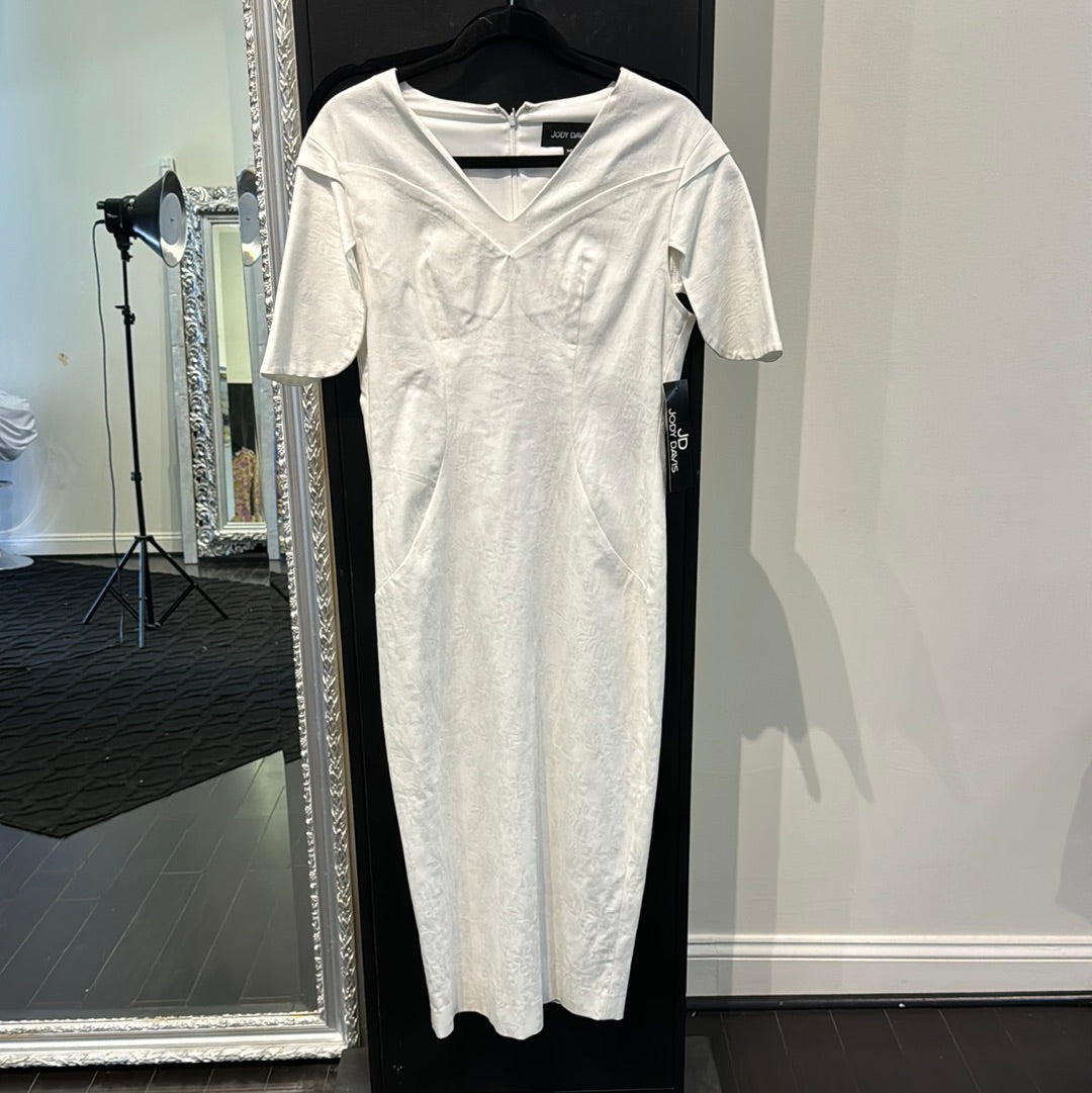 White Tone on Tone Denim V neck Dress with Split Sleeves