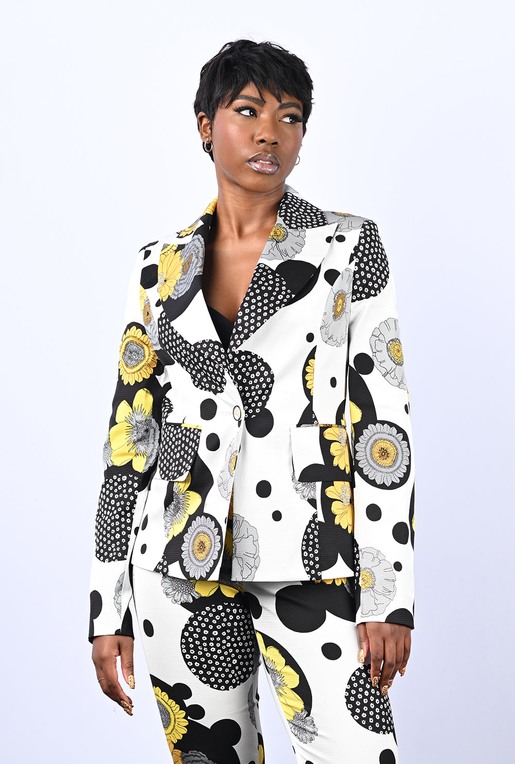 Yellow and Black Floral Printed Suit Jacket
