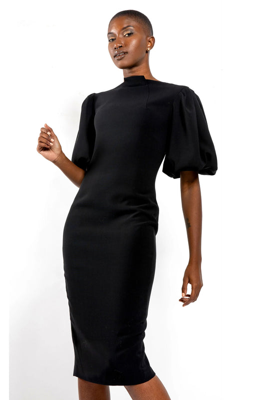 Center High-Neck Dress with Puffed Sleeves