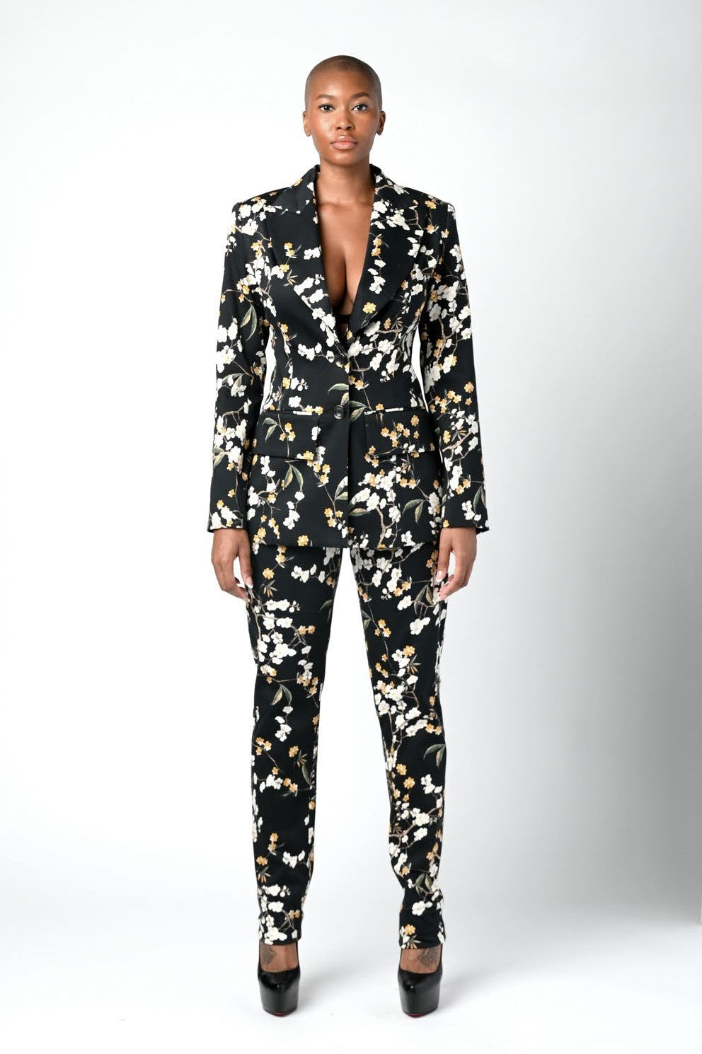 Black Floral Print Cotton Button Front Jacket