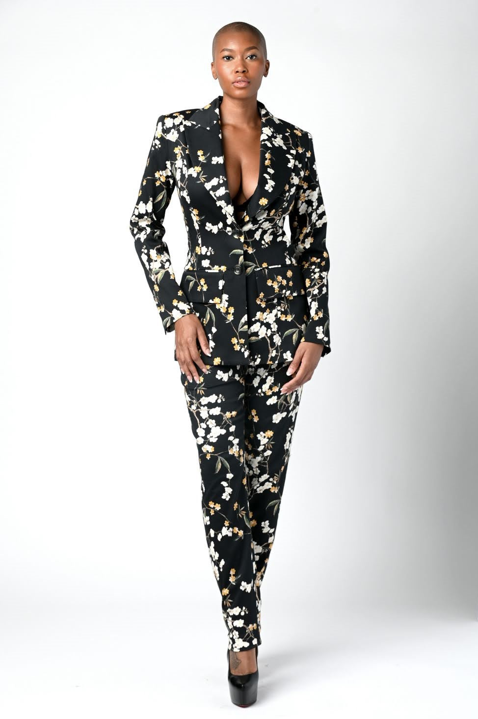 Black Floral Print Cotton Button Front Jacket