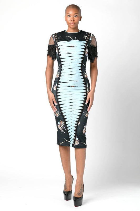 Neoprene Print Dress with Lace Up Front Lace Sleeves