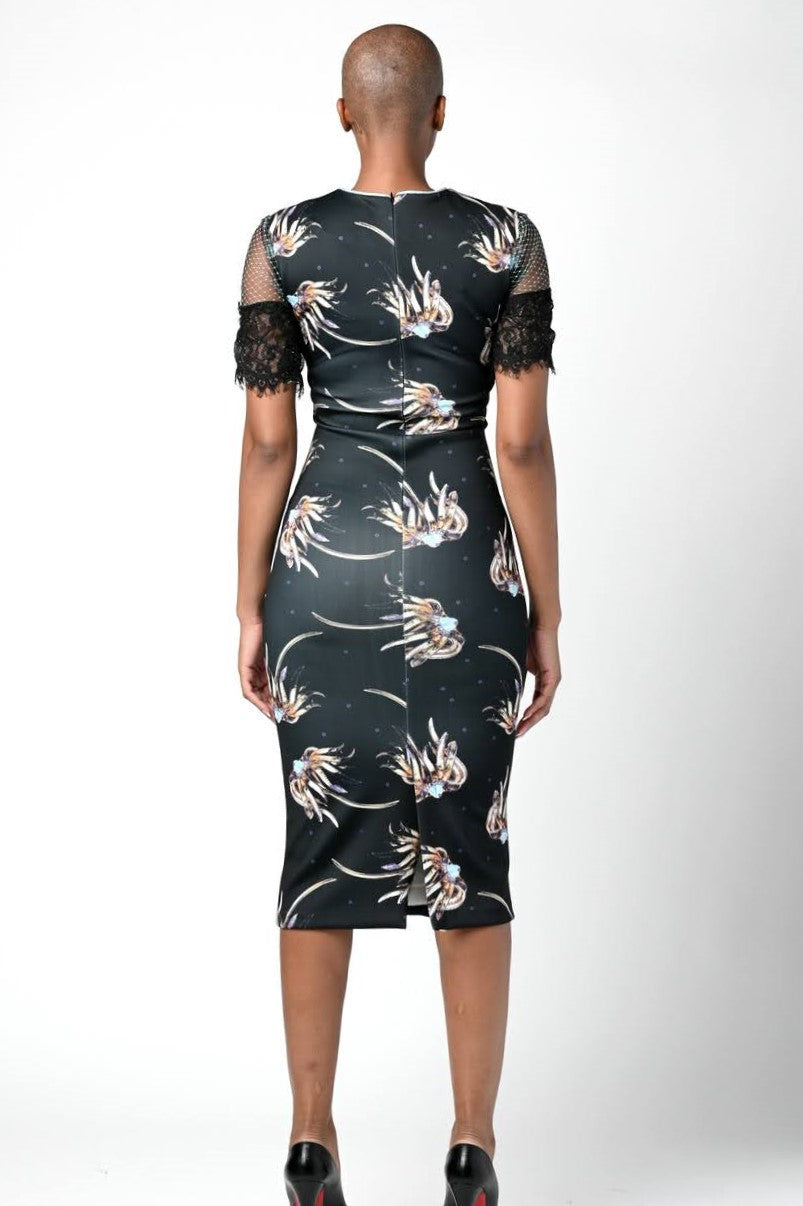 Neoprene Print Dress with Lace Up Front Lace Sleeves