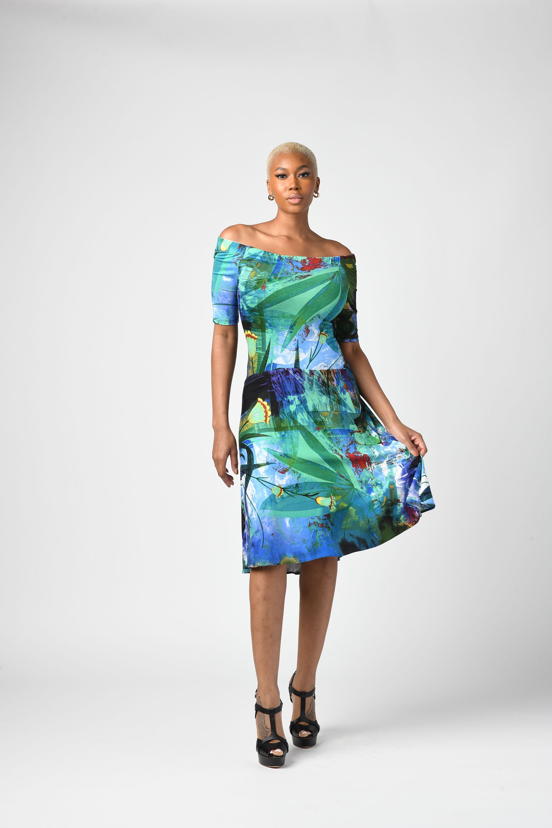 Off The Shoulder Fit & Flare Dress Tropical Green