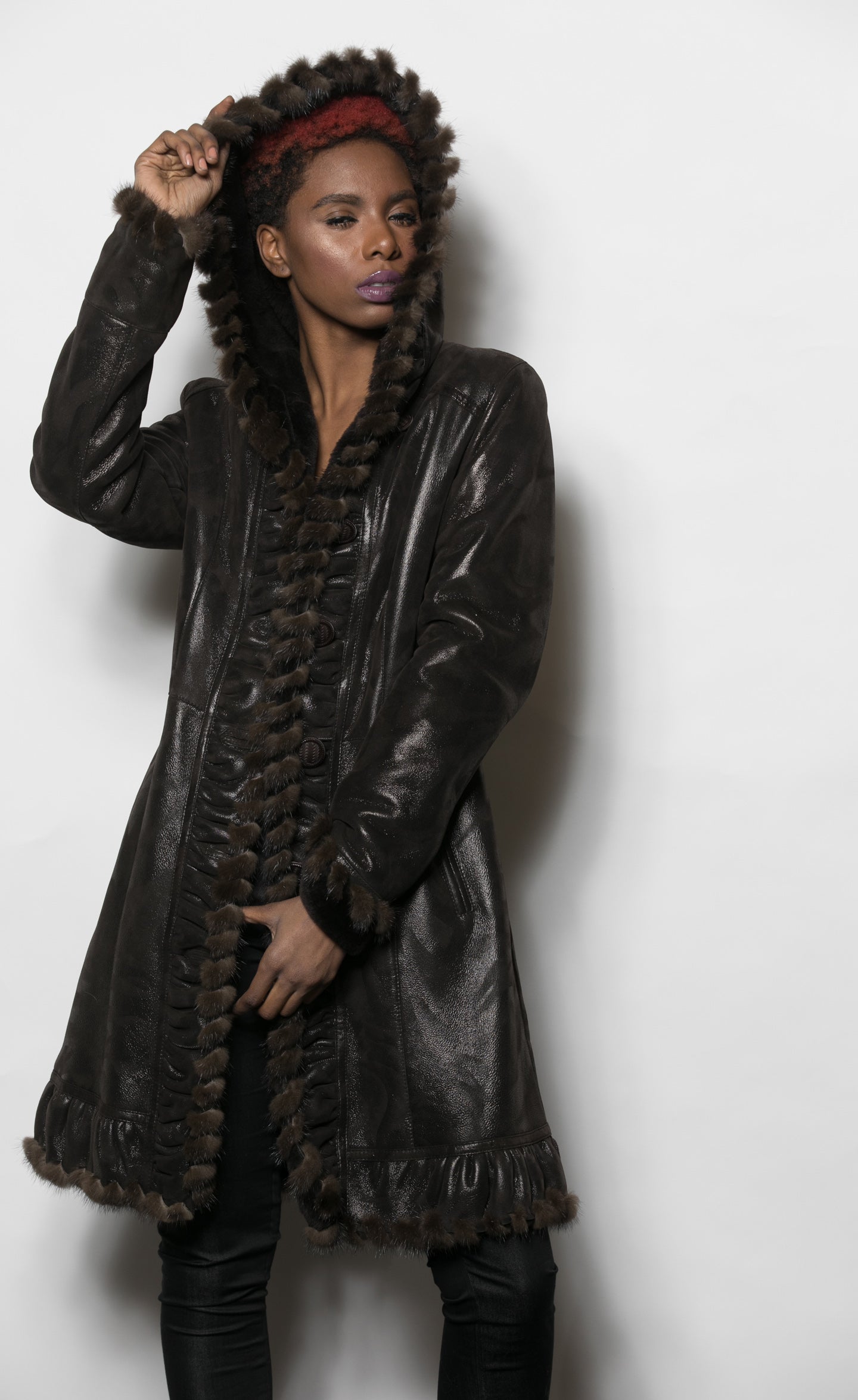 Chocolate Brown Lambskin Shearling with Mink Braid Trim