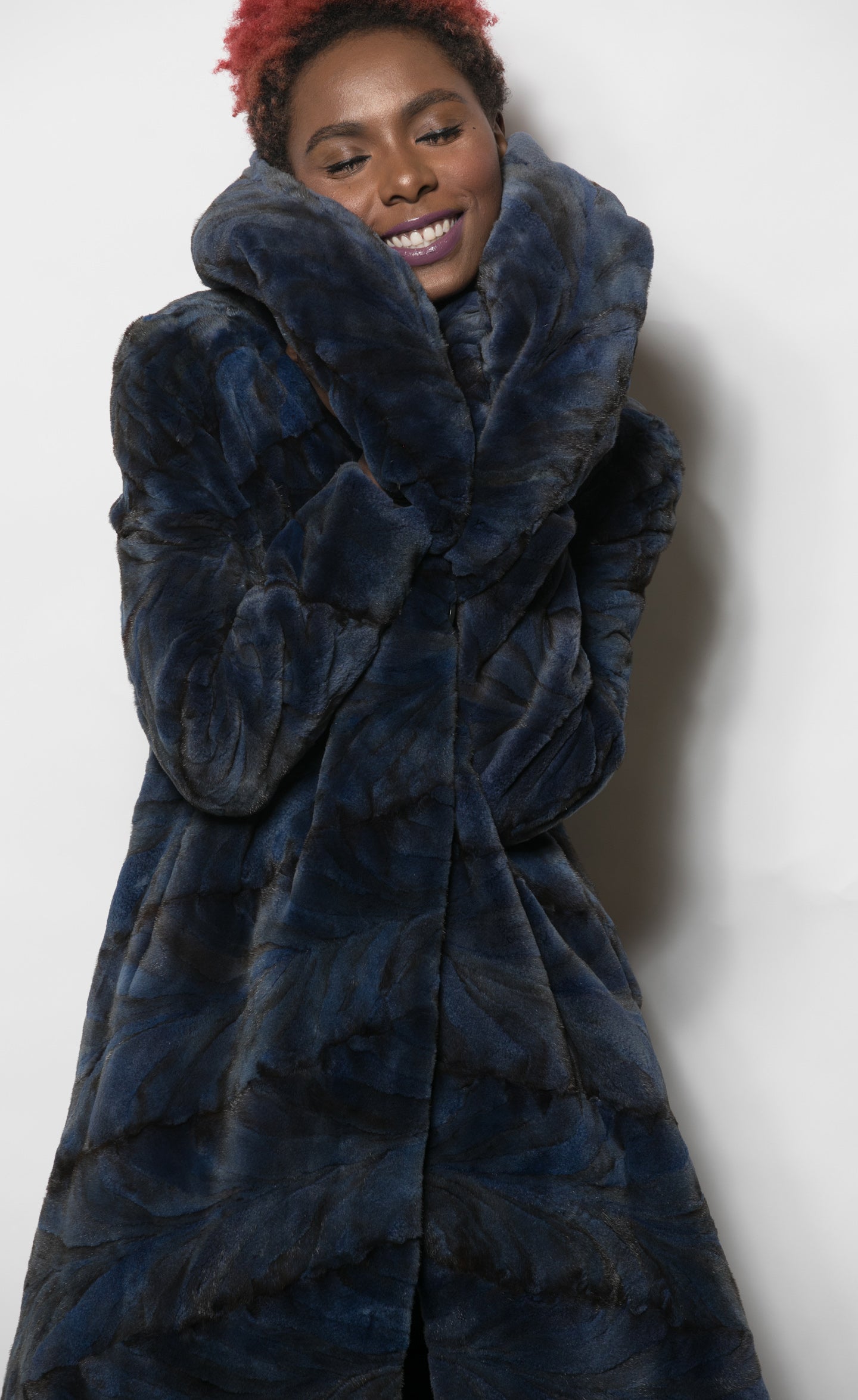 Petro Blue Sculptured Mink w Puffed Shawl Collar